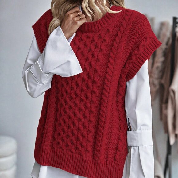 Red Casual Women's Round Neck Loose Knit Sweater Vest - Picture 5 of 6
